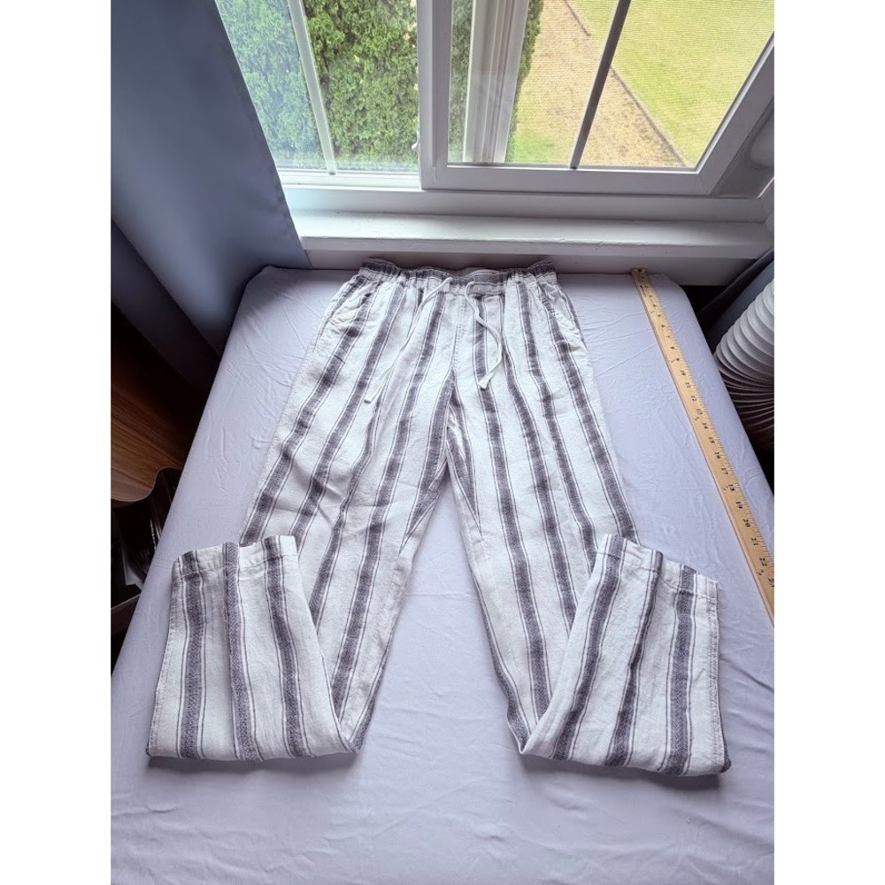Artisan NY Womens Medium 100% Linen Striped Drawstring Waist Pants Navy White
